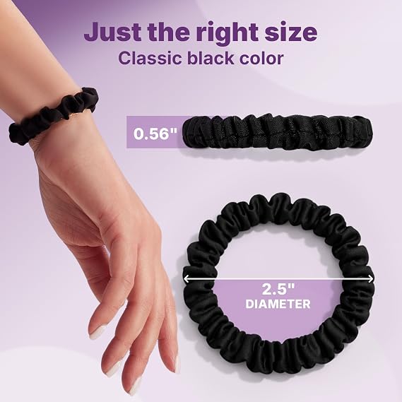 Goody Ouchless Skinny Satin Scrunchies, Frizz Fighting, No Damage Scrunchies, Gentle, Secure & Creaseless Hair Ties for Day and Overnight, All Hair Types, Gifts for Women & Girls, 8 Ct, Black