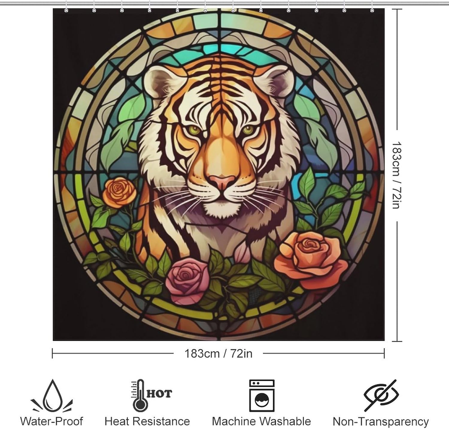 Tiger Shower Curtain for Bathroom, Flower Leaves Glass Art Boho Shower Curtain Set, Cute Animals Abstract Fabric Modern Waterproof Bathroom Decor with 12 Hooks 72x72in YLATY4067