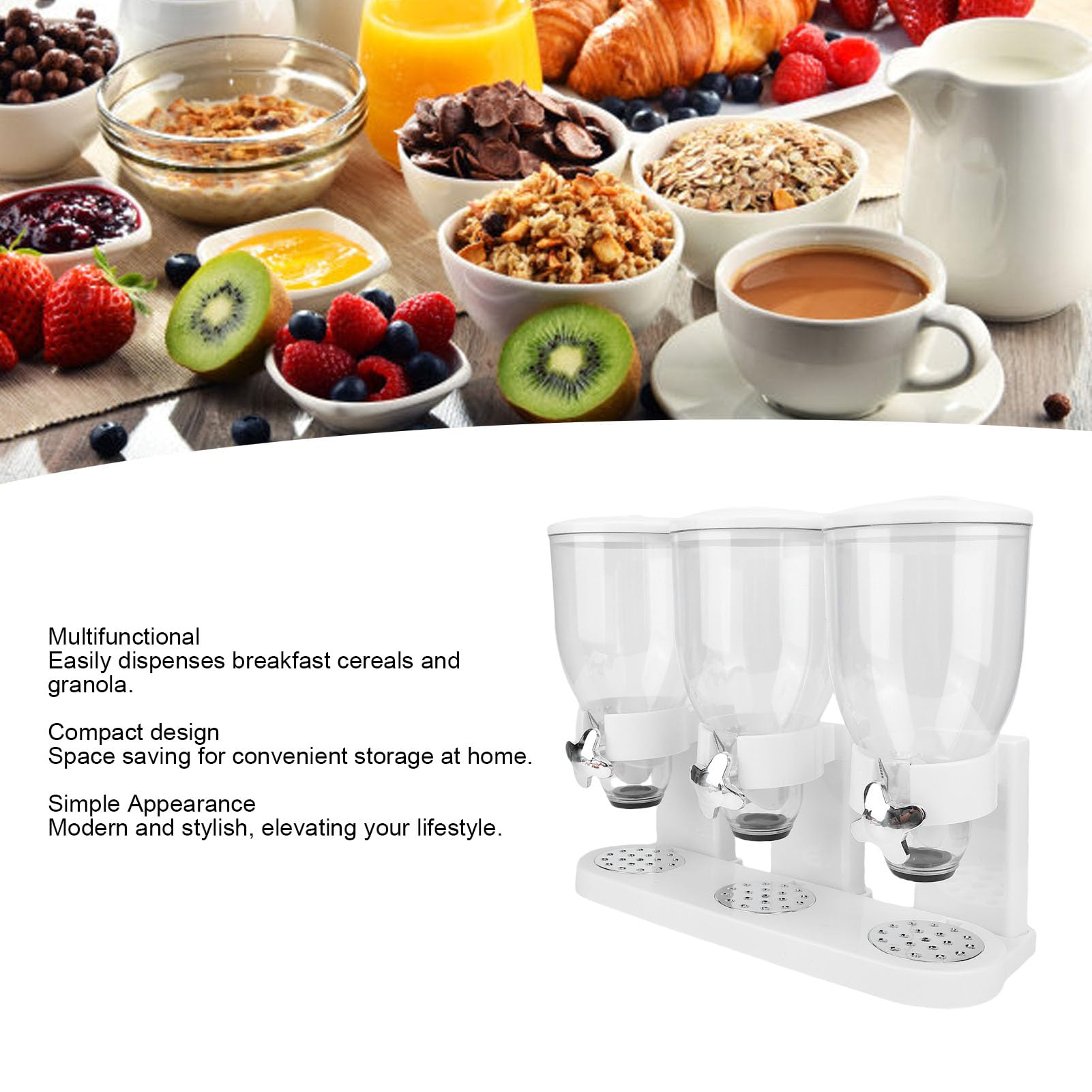 Dispenser per Alimenti Triplo, Dispenser per Alimenti Secchi in Plastica, Dispenser per Cereali da Banco, Contenitore per Cereali da Banco, Contenitore per Snack per Chicchi di (WHITE)