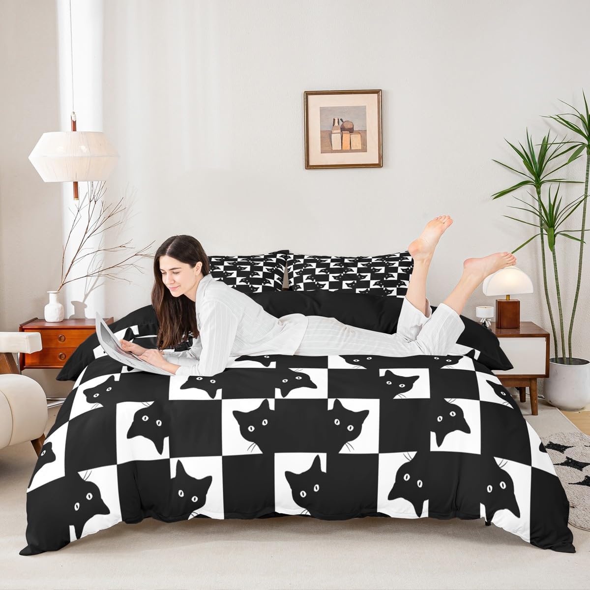 Feelyou Black Cats Duvet Cover King Size Checkered Bedding Set for Boys Girls Cat Lovers Comforter Cover Animal Bedroom Decor 3Pcs