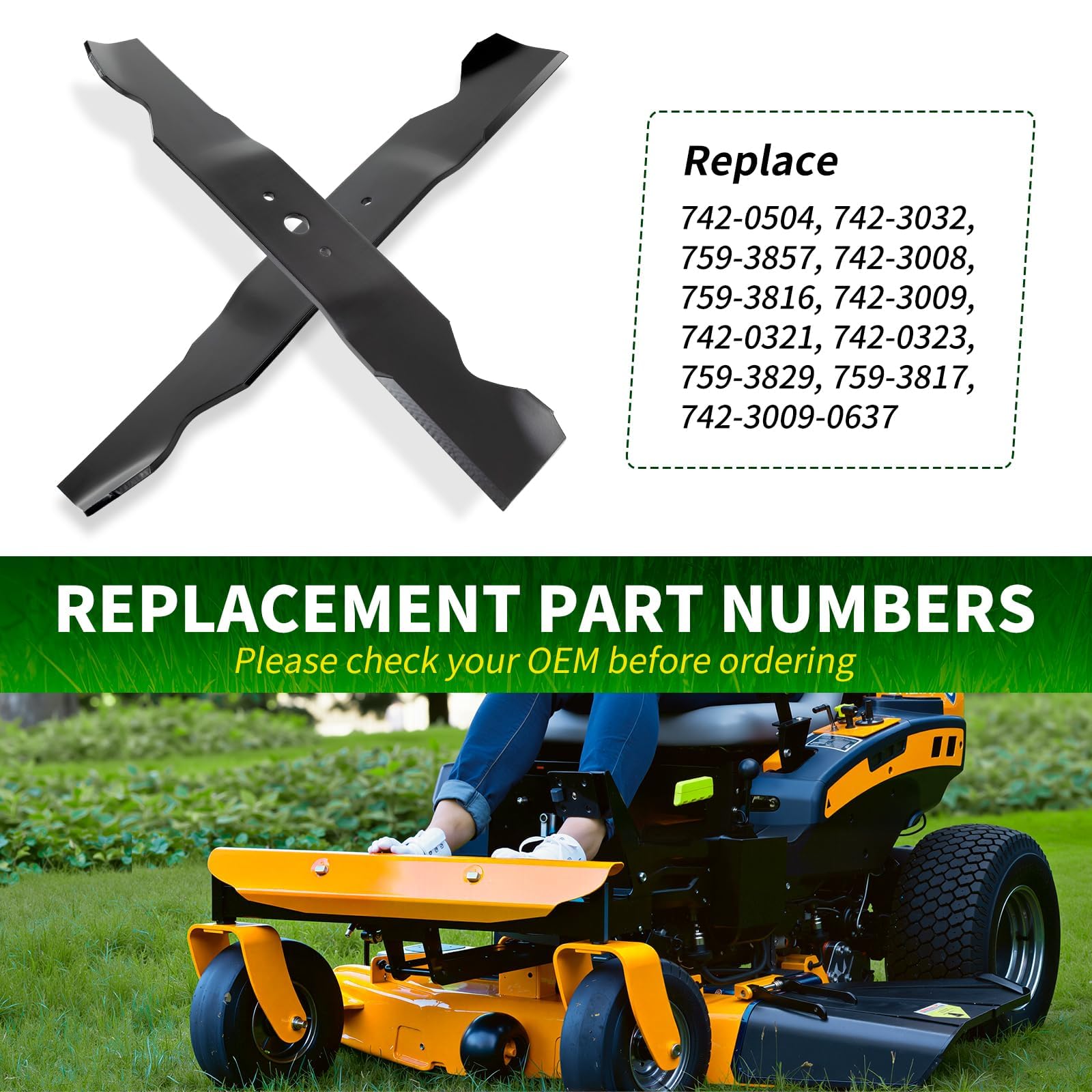 742-3008 Cuchilla de cortacésped de alta elevación compatible con cubiertas Cu b Ca det de 38 pulgadas 327, 331, 363 sustituye a 759-3816, 742-3009, 759-3817, paquete de 2