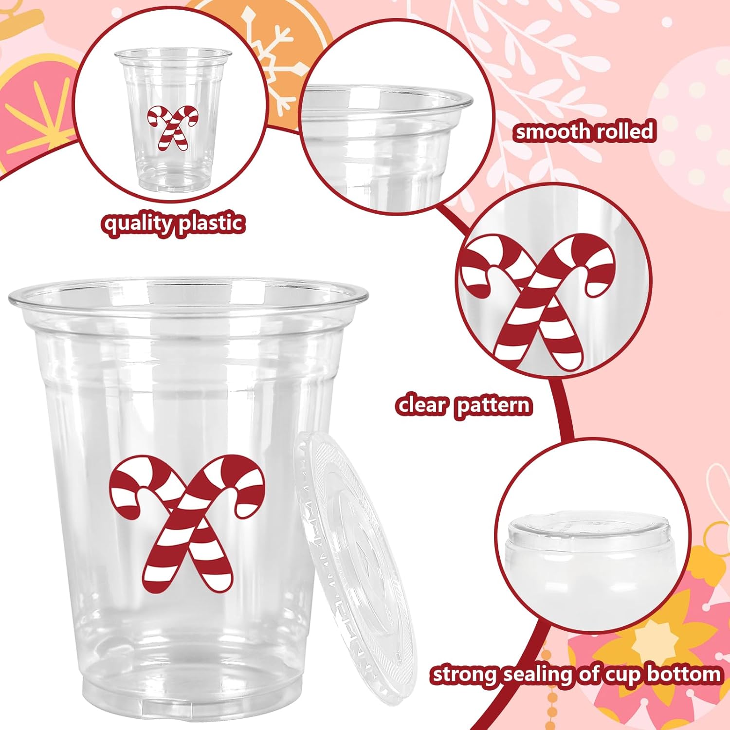 JarThenaAMCS 60Pcs Christmas Plastic Cups with Lids Straws Drinking Cup 12oz Gingerbread Man Candy Cane Disposable Cups for Xmas Winter Holiday