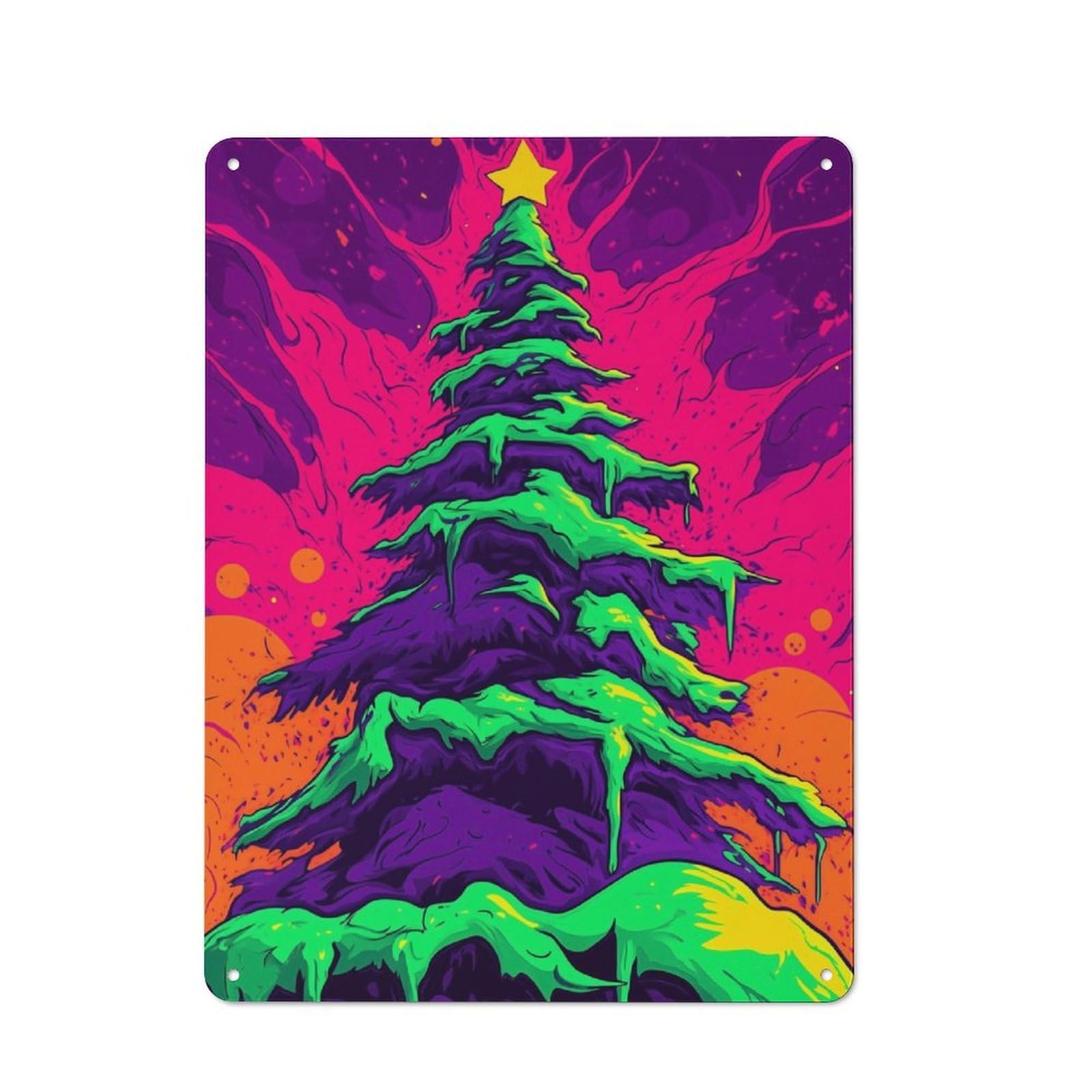Junmoney Neon Christmas Tree For Lounge Or Reading Corner, Rustic Tin Sign 40X30cm, For Home Interiors, Feature Walls And Decorative Displays