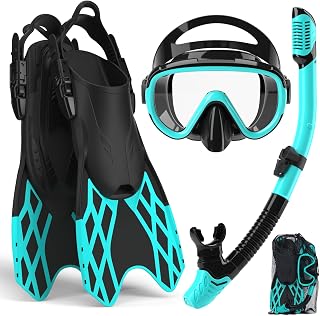 4 in 1 Snorkeling Gear for Adults - Genuine Advanced Anti-Fog Panoramic Mask, Dry Top Snorkel, Fins & Travel Bag for Snorkeling, Swimming and Travel