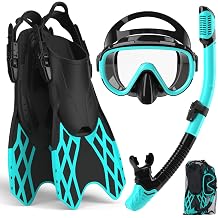 4 in 1 Snorkeling Gear for Adults - Genuine Advanced Anti-Fog Panoramic Mask, Dry Top Snorkel, Fins & Travel Bag for Snorkeling, Swimming and Travel