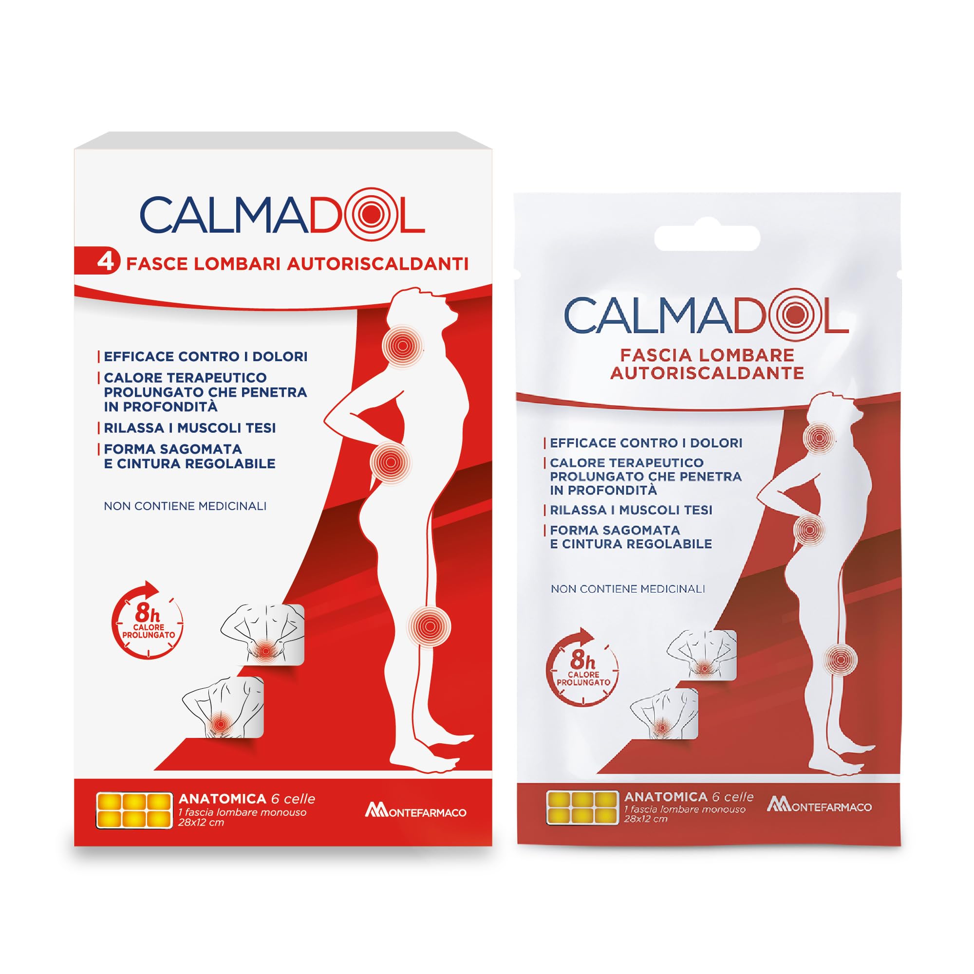 Calmadol Fascia Lombare Autoriscaldante, per Mal di Schiena e Dolori Muscolari, Calore Prolungato 8 Ore, Senza Medicinali, 4 Fasce Monouso