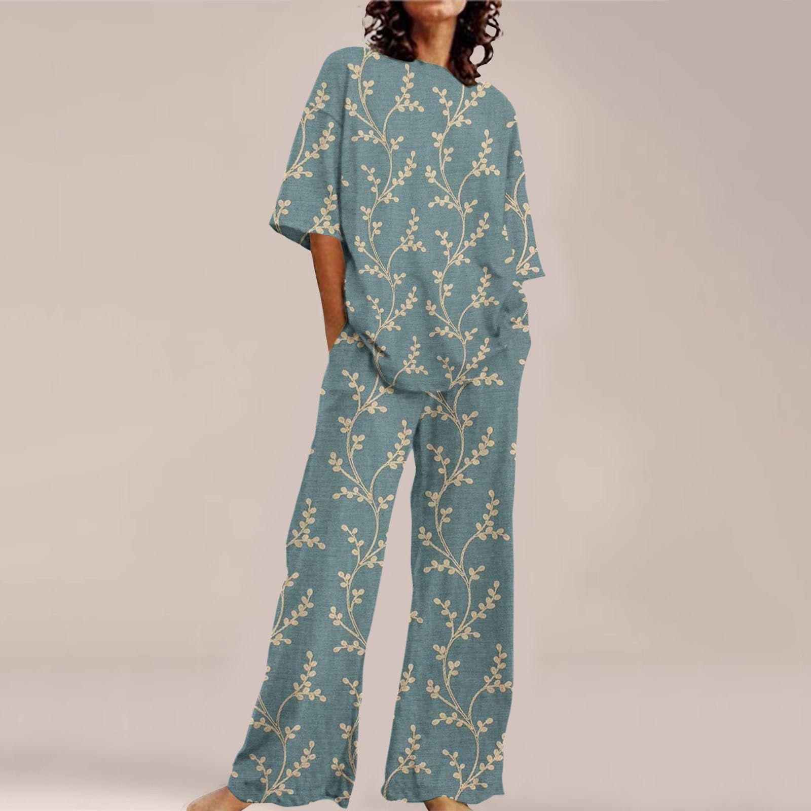 Ensemble de pyjama complet pour femme - Imprimé plantes | Ensemble de nuit ample 2 pièces avec poches, manches mi-longues, col rond, haut de pyjama et pantalon de pyjama élastique