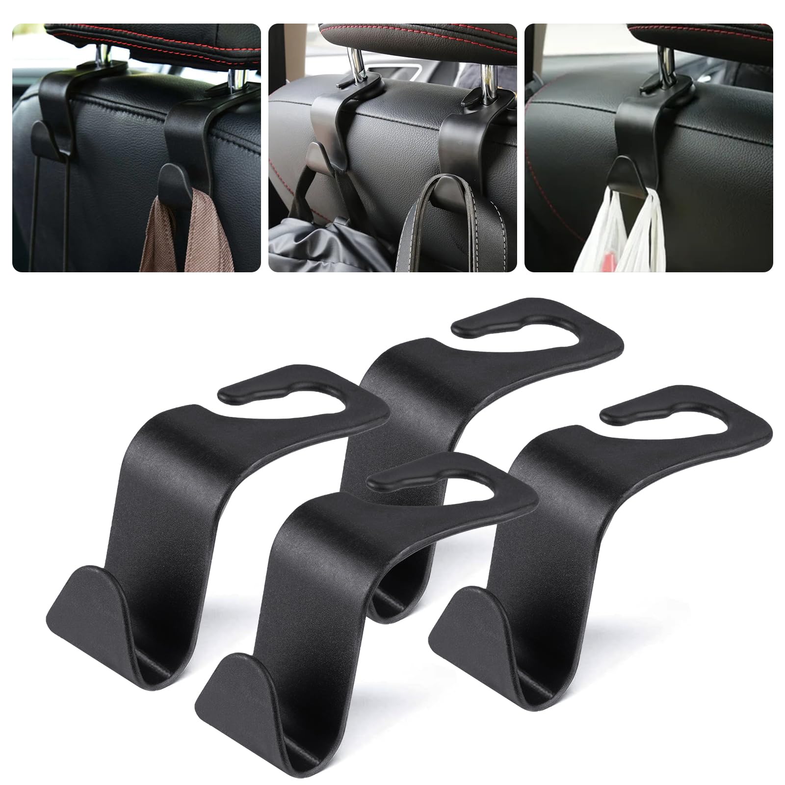 URAQT Ganchos para Asiento de Coche, 4PCS Gancho de Asiento Trasero de Coche, Ganchos para Reposacabezas de Coche, Negro Multifuncionales Accesorios Coche, para Bolsas, Monedero, Botellas de Agua
