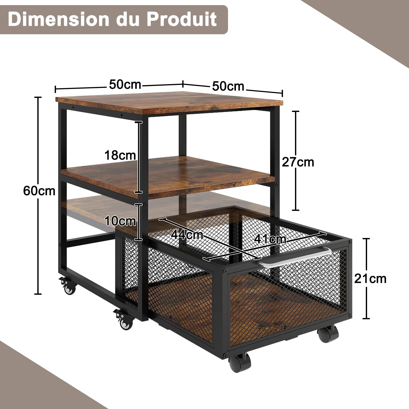 PUNCIA Support de Réfrigérateur 50x50x60cm avec Panier à Tiroir Roulant Plateau de Mini Frigo Portable Armoire à Café avec Grande Capacité Étagère Debout Table pour Chambre Cuisine(Marron)