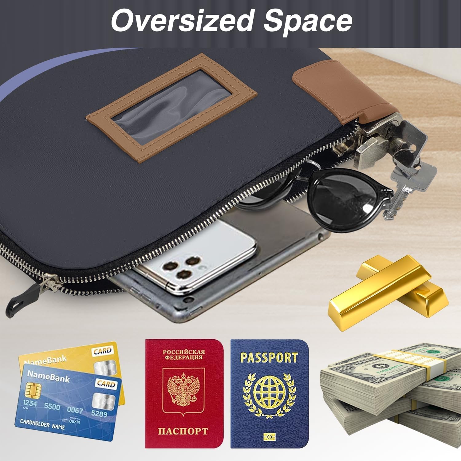 Waterproof Cash Bag with Lock and 2 Keys, Money Bags with Gold Zipper, Security Bags for Cash, Durable Money Bank Deposit Bag, Nylon Documents Bag, Coin Check Wallet Pouch,11 x 9 Inch, Black