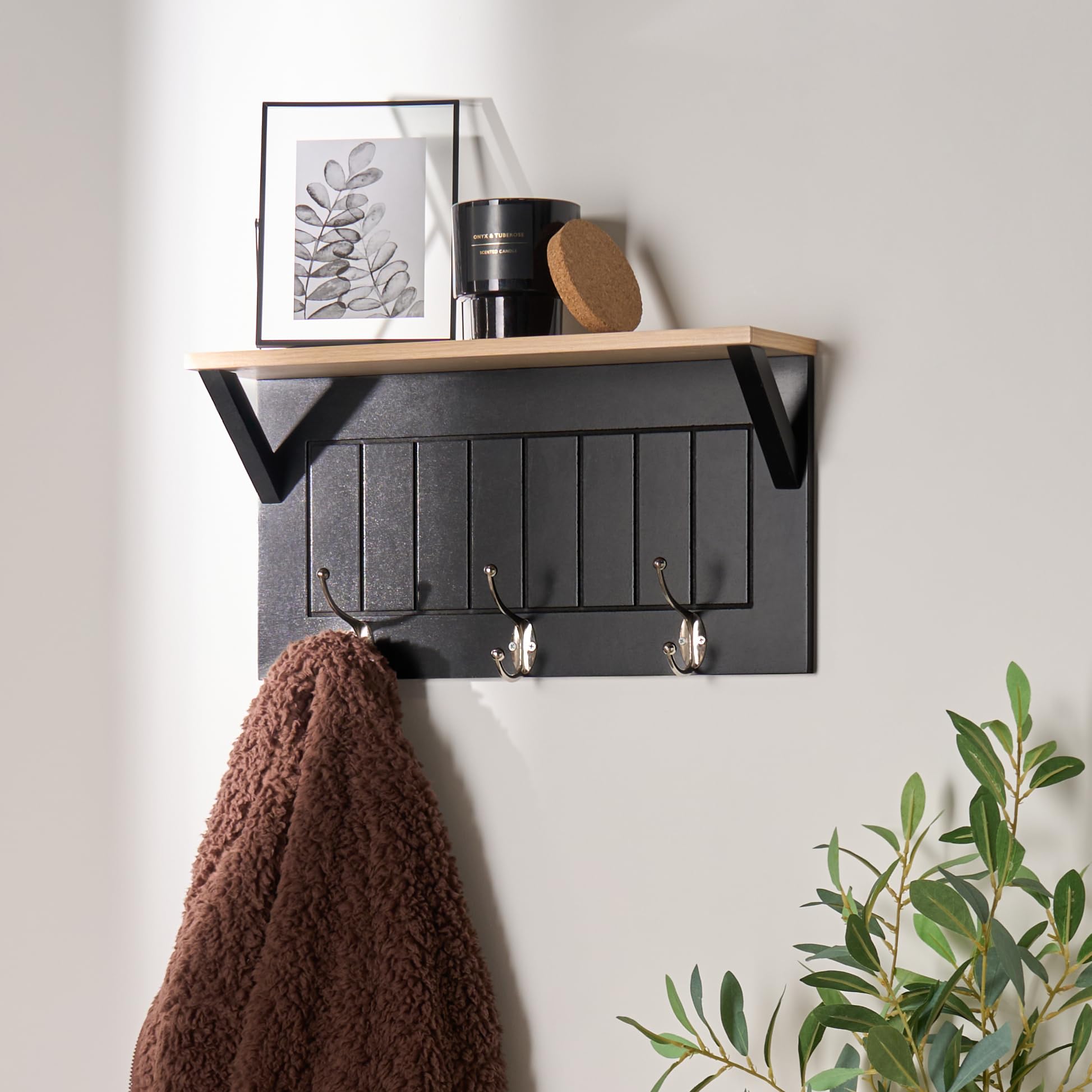 Ohs Black/Wood Wall-Mounted Coat Rack, Coat Hooks With Shelf And 3 Hooks Wooden Floating Shelves Display Shelf Key Holder Clothes Rail For Entryway Bedroom Bathroom, Dark