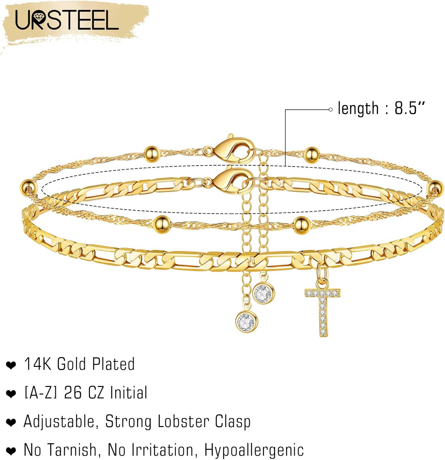 Ursteel Ankle Bracelets for Women, 14K Gold Plated Dainty Layered Chain CZ Initial Anklets Summer Jewelry Gifts for Women - Image 7