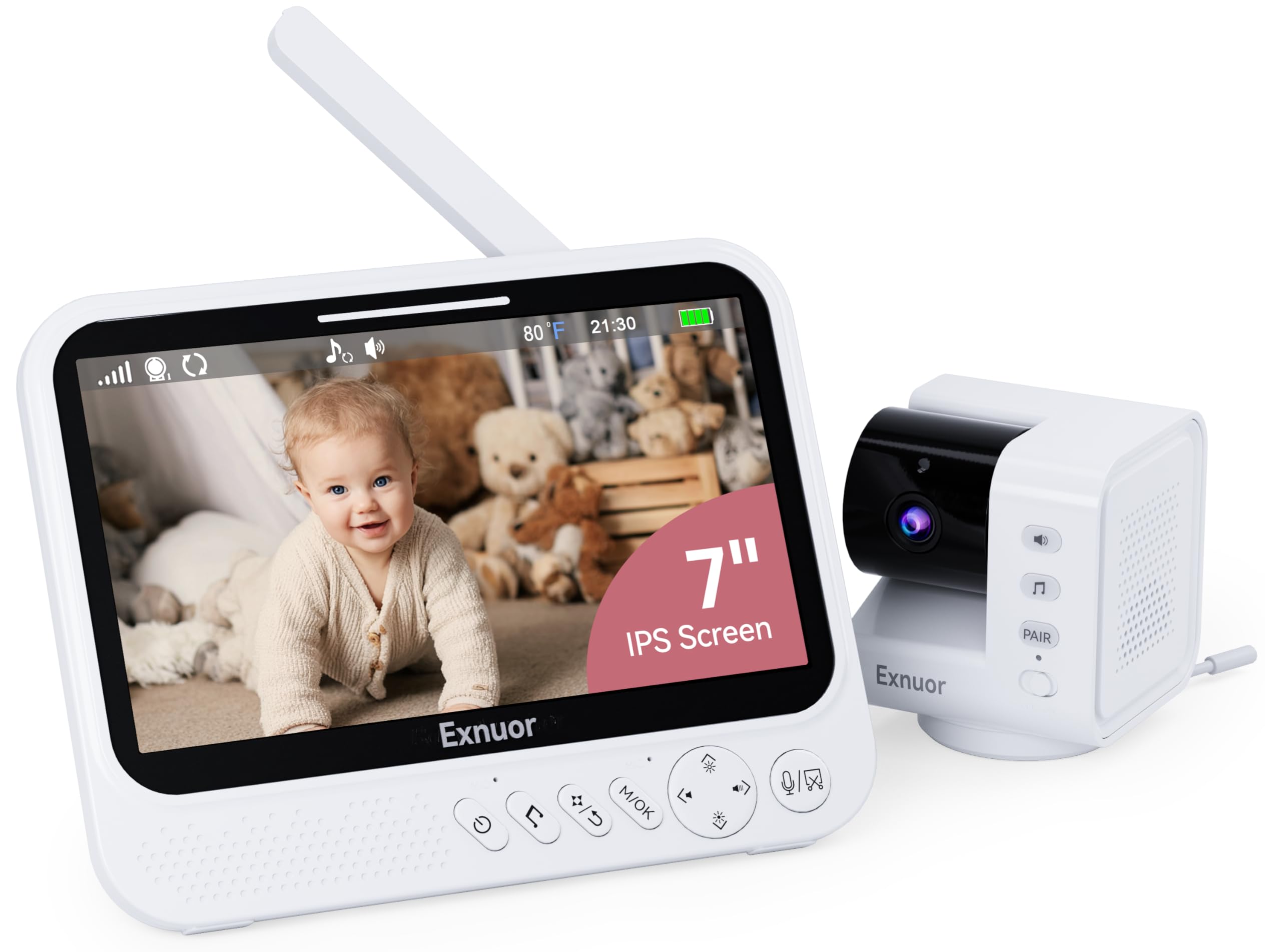 Monitor de bebé con cámara y audio, pantalla de 7 pulgadas, monitor de video para bebé sin WiFi, zoom remoto panorámico, sensor de temperatura, 8 canciones de cuna, VOX, visión nocturna, conversación