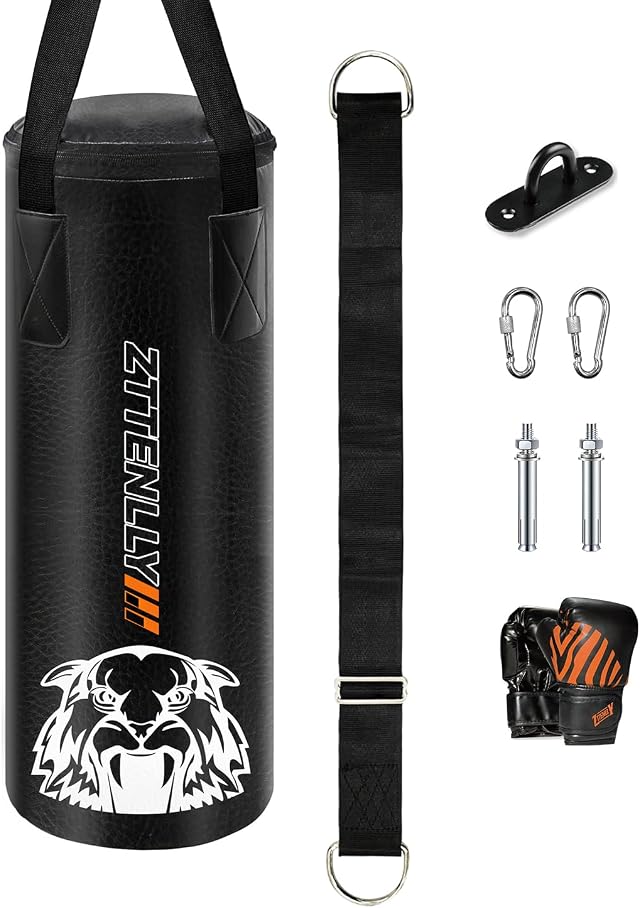 Kids Punching Bag with Gloves - PU Leather & Adjustable Height Strap - Boxing Bag Set for 3-8-14 Years Kids/Youth Great for Boxing, MMA, Kickboxing