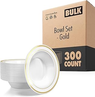 Stock Your Home Plastic Party Bowls (300 Pack) 12 Oz Elegant Disposable Dinnerware - Fancy Shatterproof Tableware for Catering, Holidays, Parties Supplies, Weddings, Catering, and Everyday Use (Gold)