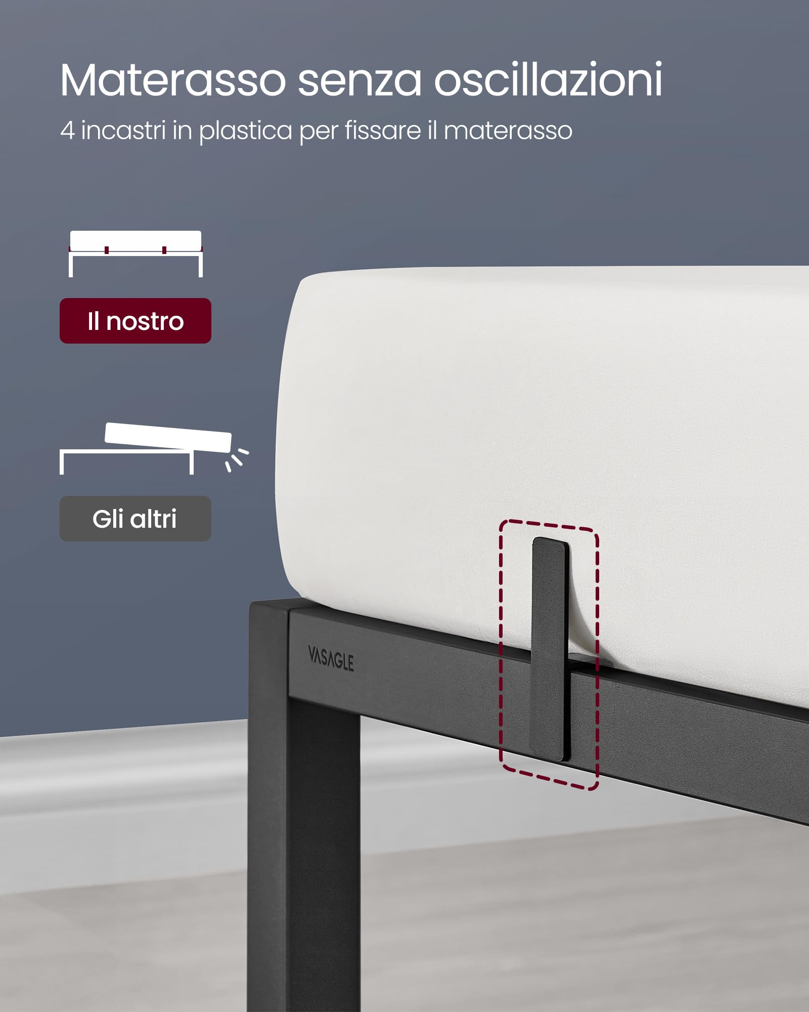 VASAGLE Struttura Letto Singolo, Telaio Letto in Metallo con Ripiani Portaoggetti, per Materassi da 90 x 190 cm, Montaggio Facile, Nero Inchiostro RMB091B01