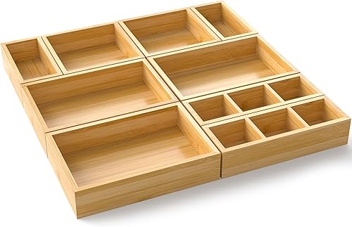 Miniatura 8 de Organizador de cajones de bambú, juego de 9 bandejas de madera para cocina, escritorio de té chatarra de oficina, cajas de almacenamiento de madera