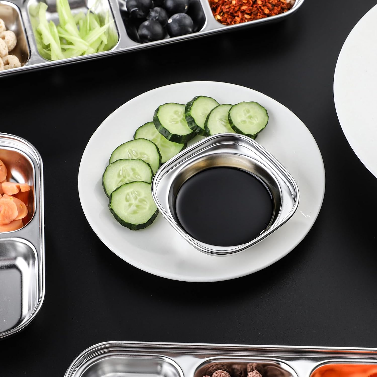 Soy Sauce Dish Stainless Steel Dipping Bowls Set of 3 Divided Sauce Dishes, 1/2/3 Compartment Korean Dipping Sauce Cups Side Dishes (Style 1#)