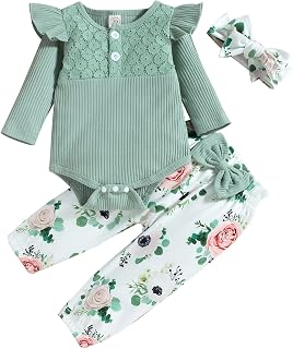 Kids Winter Suit Infant Girls Long Sleeve Ribbed Romper Bodysuits Floral Printed Pants Headbands Newborn Outfits