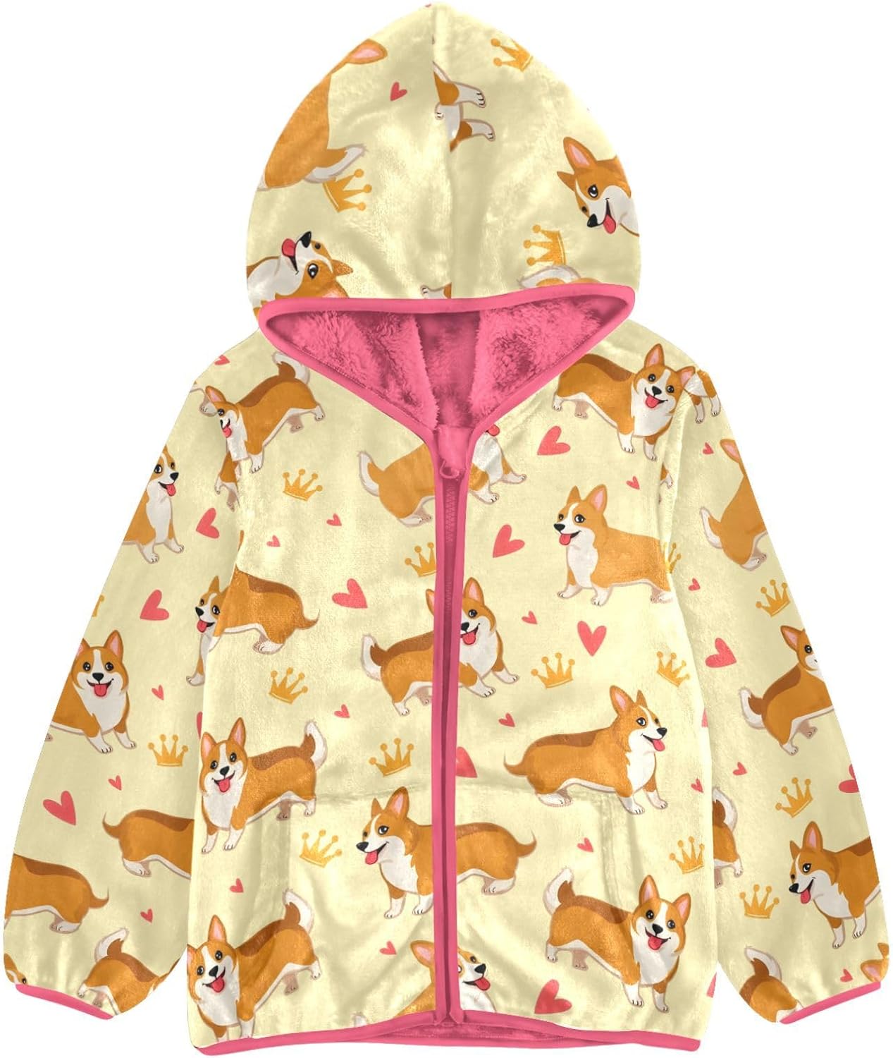 Girls Hoodie Outfit Corgi Crown Pattern Zipper Sweatshirt Coat Fleece Jacket for Kids 3-10T