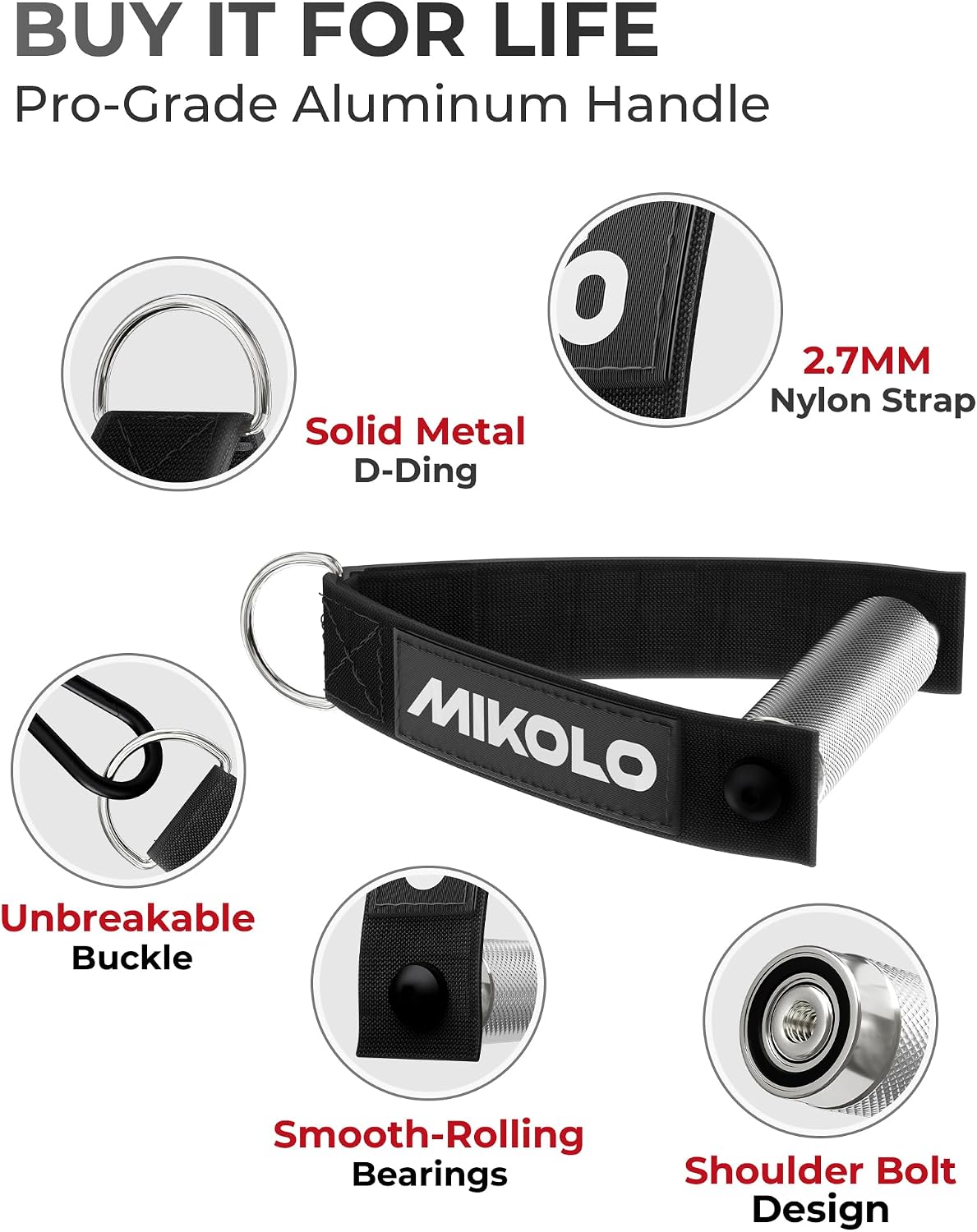 Mikolo Aluminum Alloy Cable Machine Handles, Exercise Handles D Handle Cable Attachments for Gym, Durable Cable Machine Attachment for Cable Crossover Training (with Bearing and 15mm Steel Tubing)