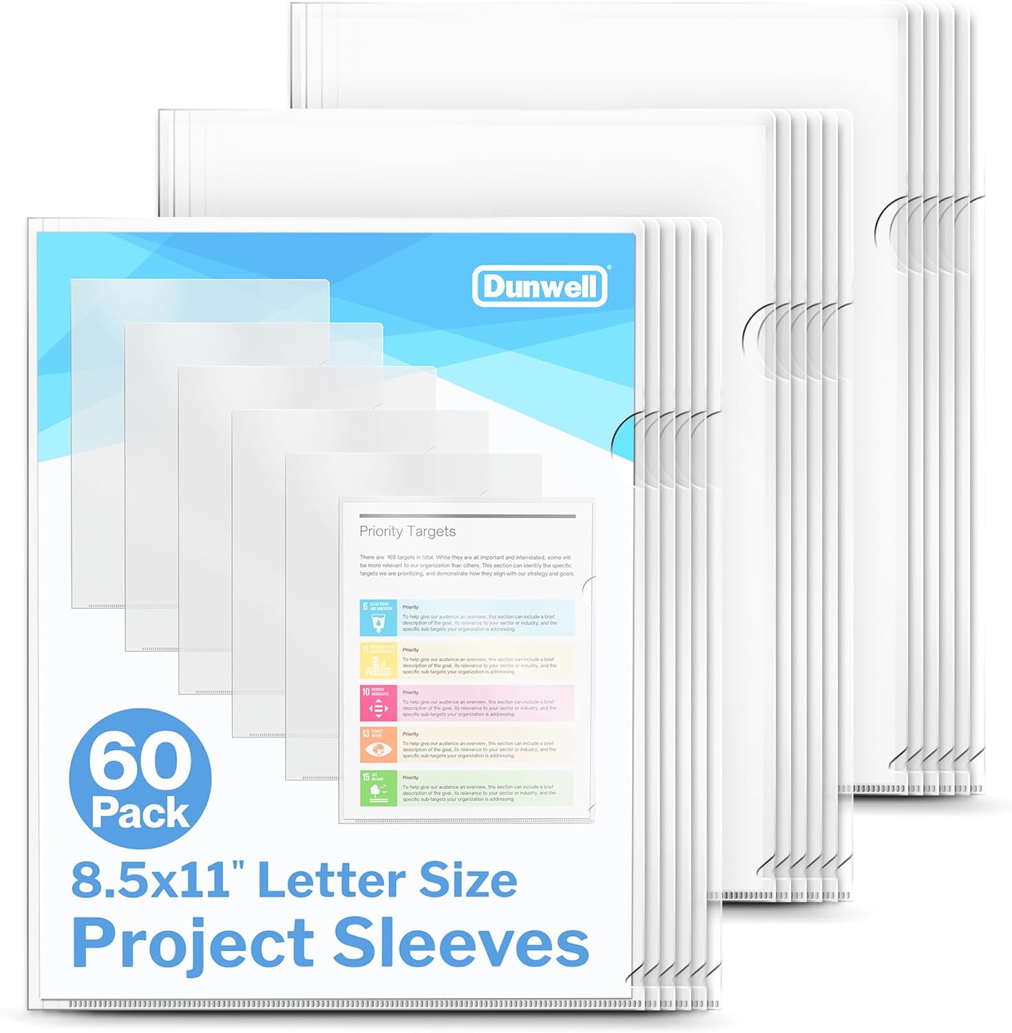 Dunwell Clear Folders for Documents, Plastic 8.5x11 File Sleeves for Document Protection, Filing, Storage, Organization (60 Pack) Transparent Folders with Pockets, Durable Letter Size Document Holder