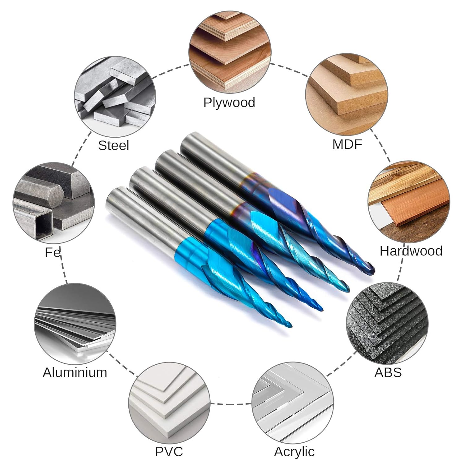 Genmitsu 4pcs 2-Flute Tapered Ball Nose Spiral End Mill, Nano Blue Coating Tungsten Carbide CNC Router Bits, 2D and 3D Engraving Carving Woodworking Bits, R0.25-1.0, 1/4'' Shank, TB04B