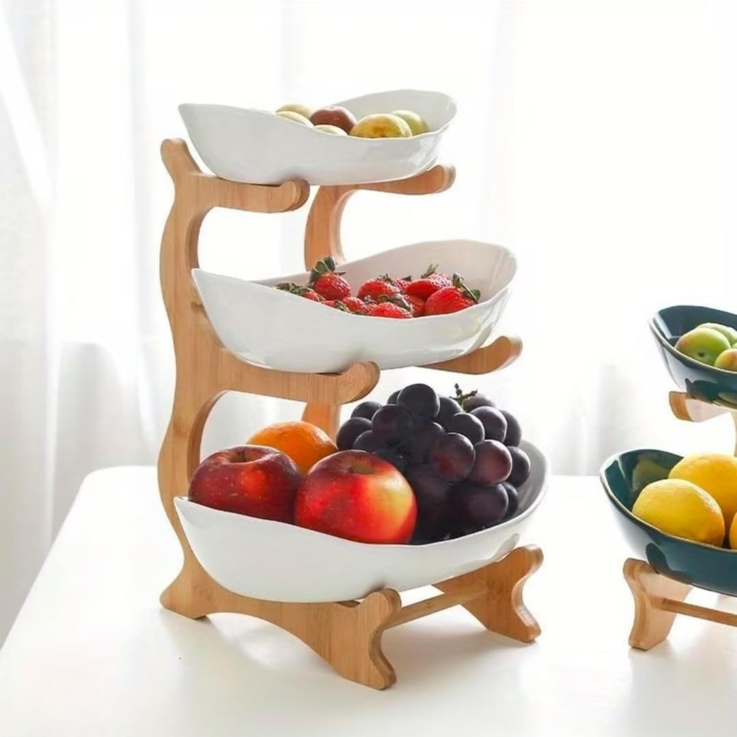 VORACIS 3 Tier Fruit Basket for Kitchen Counter, Detachable Fruit & Vegetable Storage Rack with Bamboo Wooden Stand, PP Trays for Bread, Snacks, Onion, Banana & Countertop Organizer, White