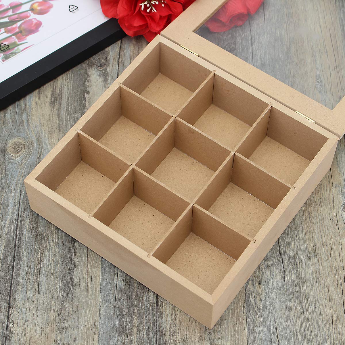9 Compartiments Boîte À Thé En Bois Boîte À Épices Boîte À Charnière Couvercle En Verre Cuisine Cuisine