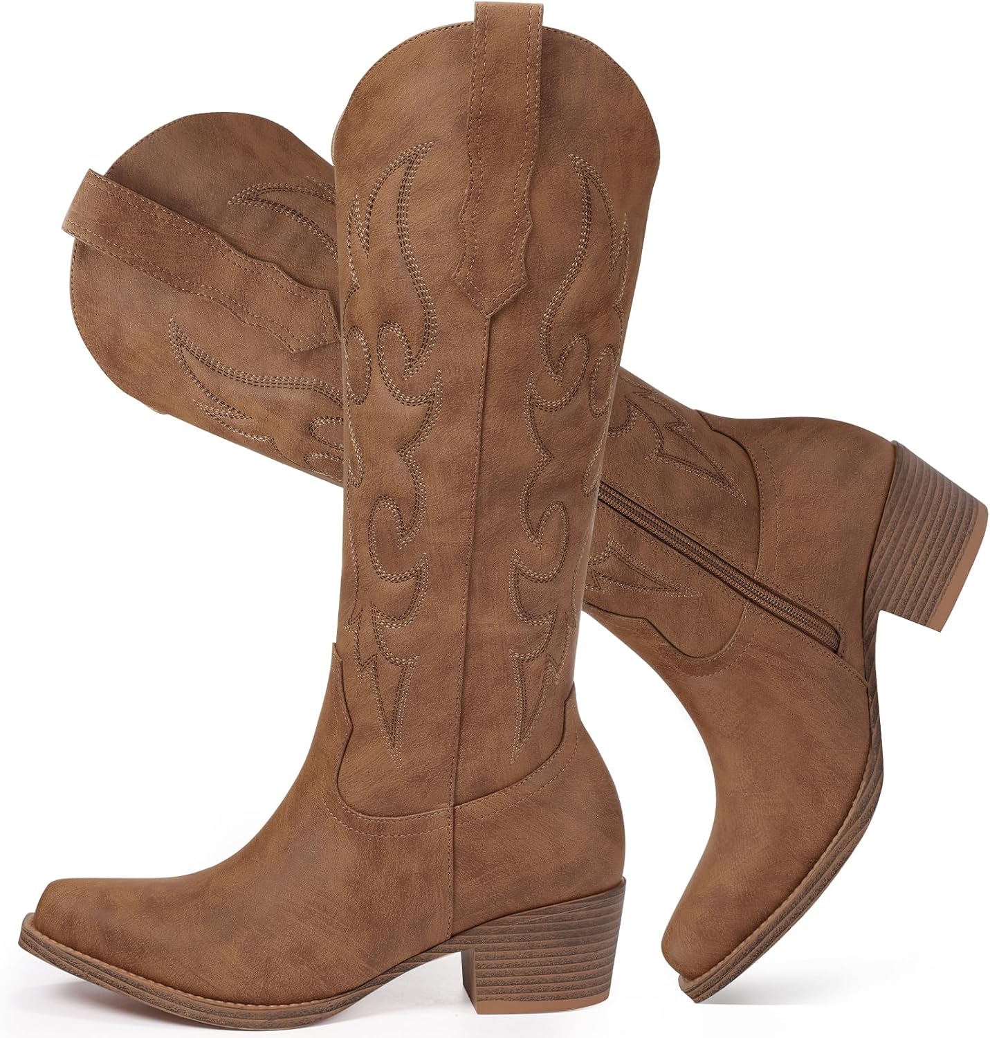 Cowboy Boots for Women - Knee High Wide Calf Cowgirl Boots with Chunky Heel Snip Toe Side Zipper Embossed Design for Festival Prom Party Casual Outfits