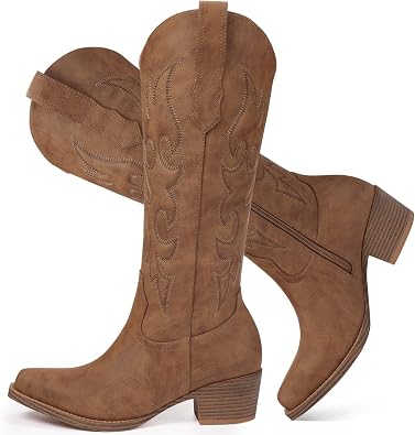 Cowboy Boots for Women - Knee High Wide Calf Cowgirl Boots with Chunky Heel Snip Toe Side Zipper Embossed Design for Festival Prom Party Casual Outfits