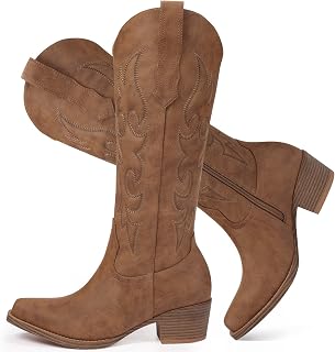 Women's Wide Calf Cowboy Boots - Snip Toe Western Cowgirl Boots, Faux Leather Chunky Knee High Boots for Country Concerts & Nashville Outfits