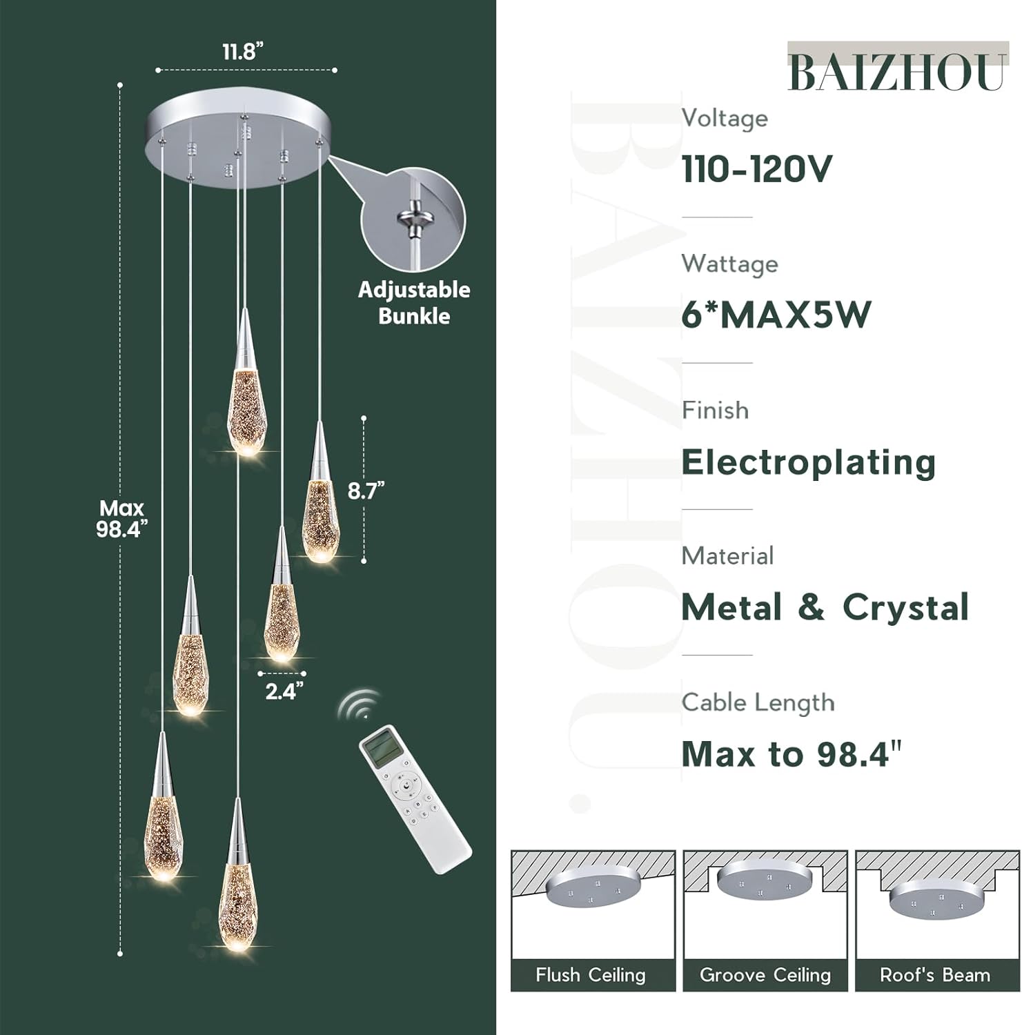6-Light Modern Crystal Chandeliers 3-Way Dimmable Long Pendant High Ceiling Bubble Raindrop Lighting Fixture for Staircase Foyer Entryway Bedroom Dining Room Chrome