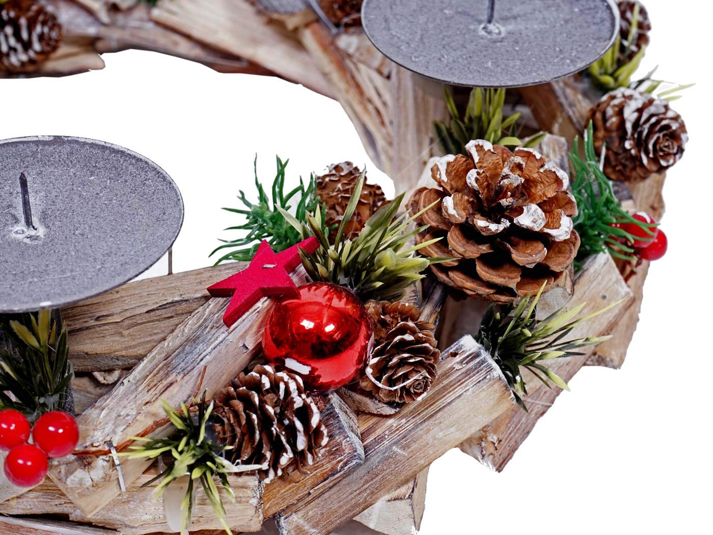 Mendler Corona de Adviento HWC-H50AM de madera, redonda, diámetro de 33 cm, incluye 4 velas rojas