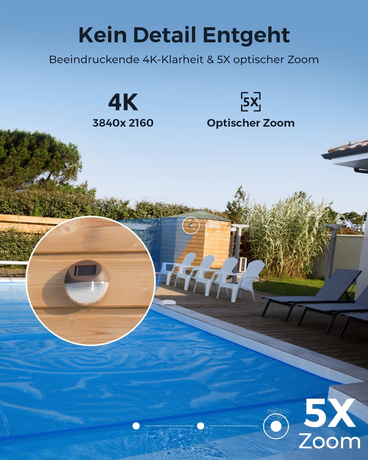 Reolink 4K Überwachungskamera Aussen, 5X Optischem Zoom, Auto-Tracking | Wi-Fi 6 Kamera Outdoor, 2,4/5GHz WLAN, 360° Ansicht, 60m Vollfarb-Nachtsicht, 2-Wege-Audio und AI-Erkennung, RLC-823S1W