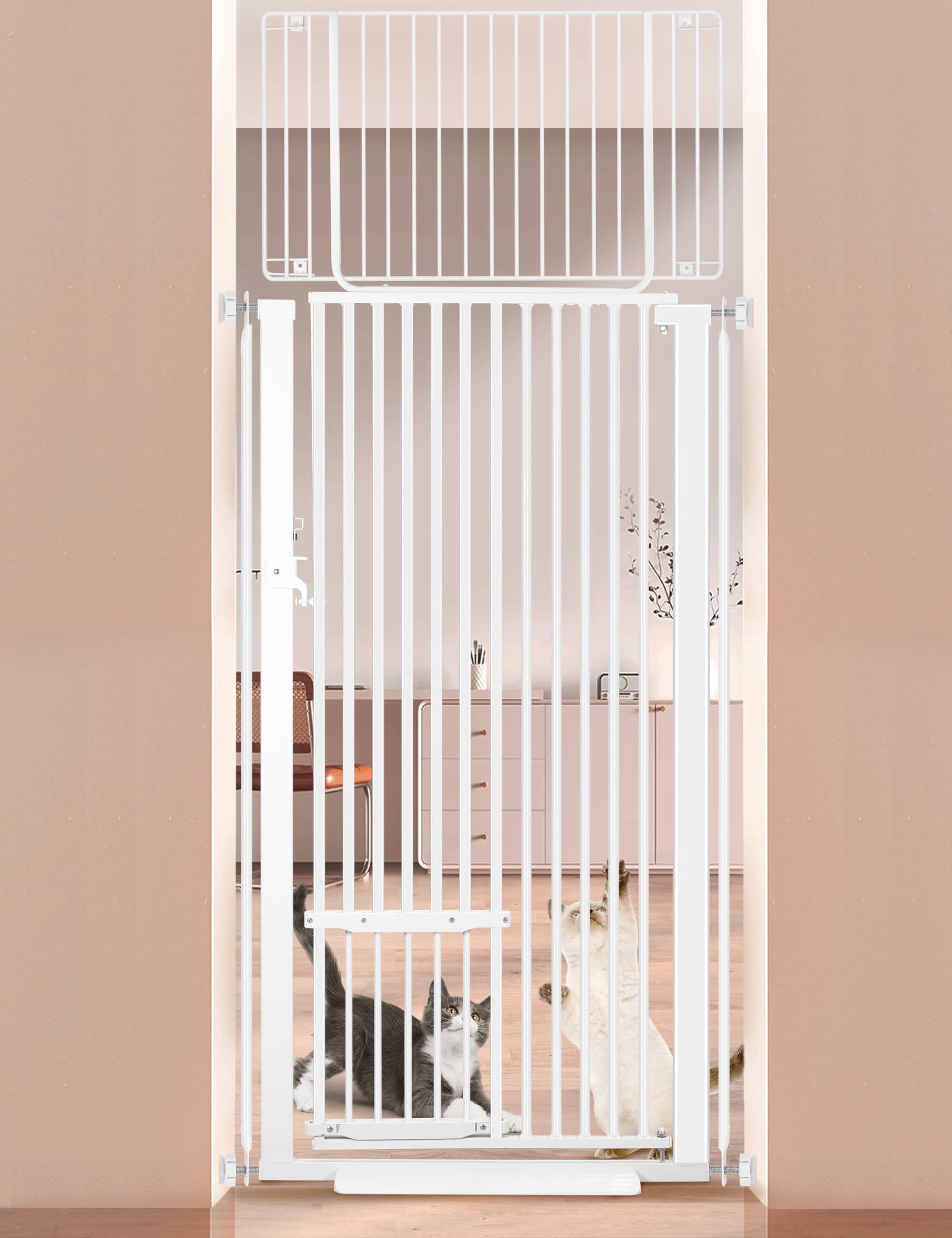 Photo 1 of 70.86/in Extra Tall Cat Gate, 29.52-32.28/in Wide Pet Gate with Adjustable Cat Door, Safety Cate Gate Pressure Mounted, Easy Walk Through Dog Gate for Doorways, Indoor, Bedroom(White) RG-TPG02