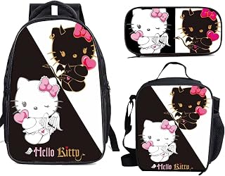 Cute Hello Kit.ty Cat 3Pcs School Backpack, 3pcs Printed Backpack Sets for Primary Junior High University School Bookbag 3 in 1 And Lunchbox And Pencil Pouch