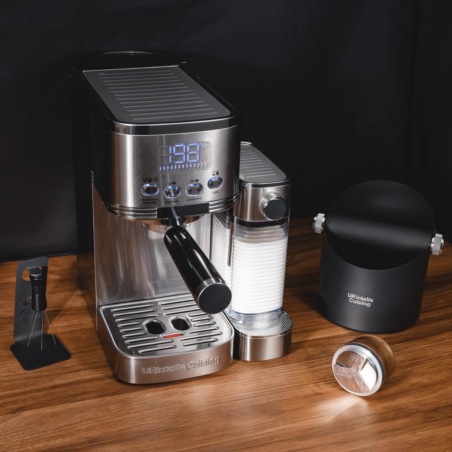 Espresso Machine 20 Bar with Automatic Milk Frother & 6.3 Inch Stainless Steel Knock Box & WDT Tool Espresso Needle Distributor with Magnetic Stand & 51mm Espresso Distributor with Red Rosewood Handle