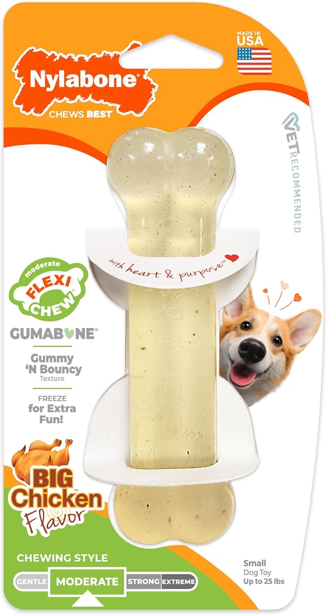 Juguete masticable para perros Nylabone Flexi Chew Gumabone, sabor a pollo, pequeño | Juguetes para perros pequeños de hasta 25 libras, material flexible, suave para los dientes, congelable, saltarín, ideal para personas mayores