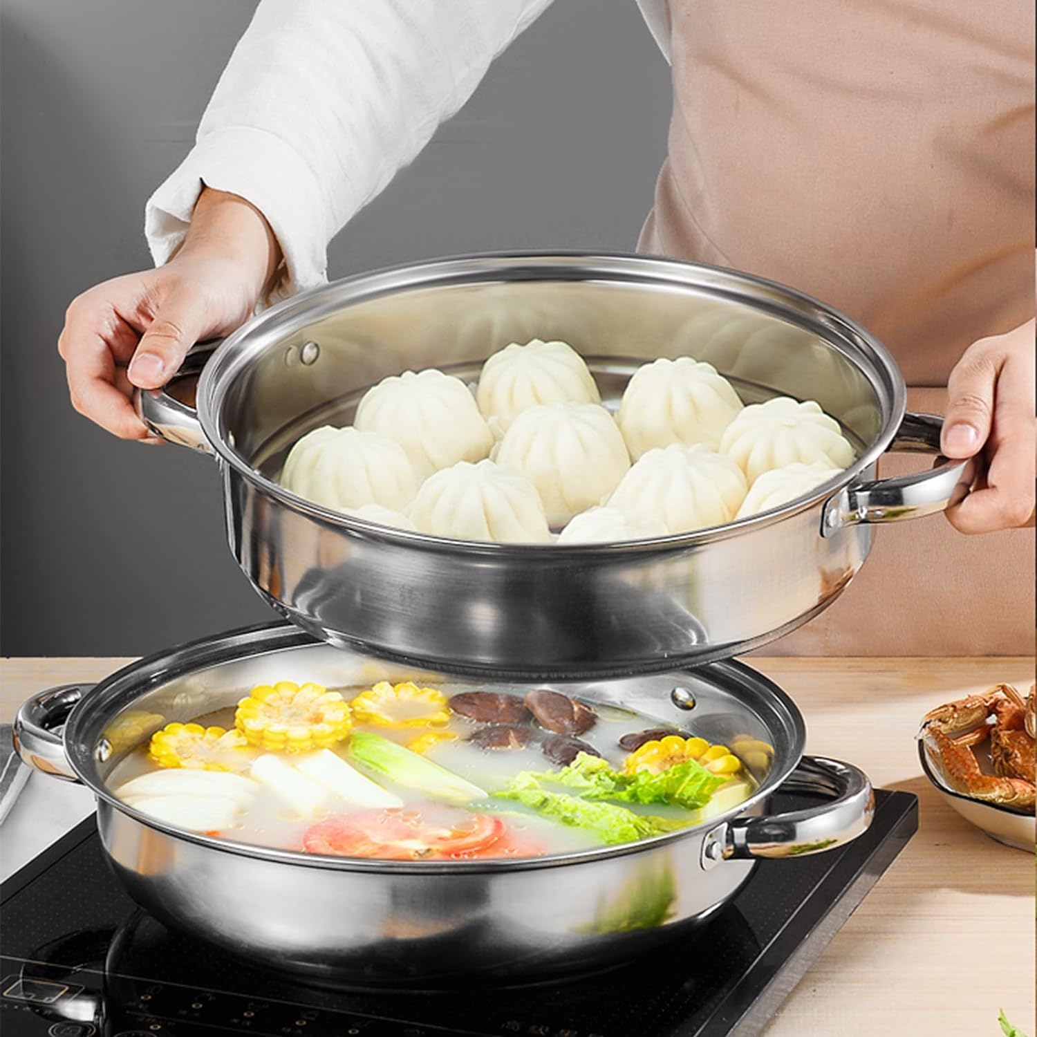 ZENFUN 2.1L Steamer Pot with Steamer Insert, 2 Tier Stack and Steam Pot Set with Glass Lid, Stainless Steel Saucepot Double Boiler Steaming Cookware for Kitcken Cooking, Double Handle, 28CM