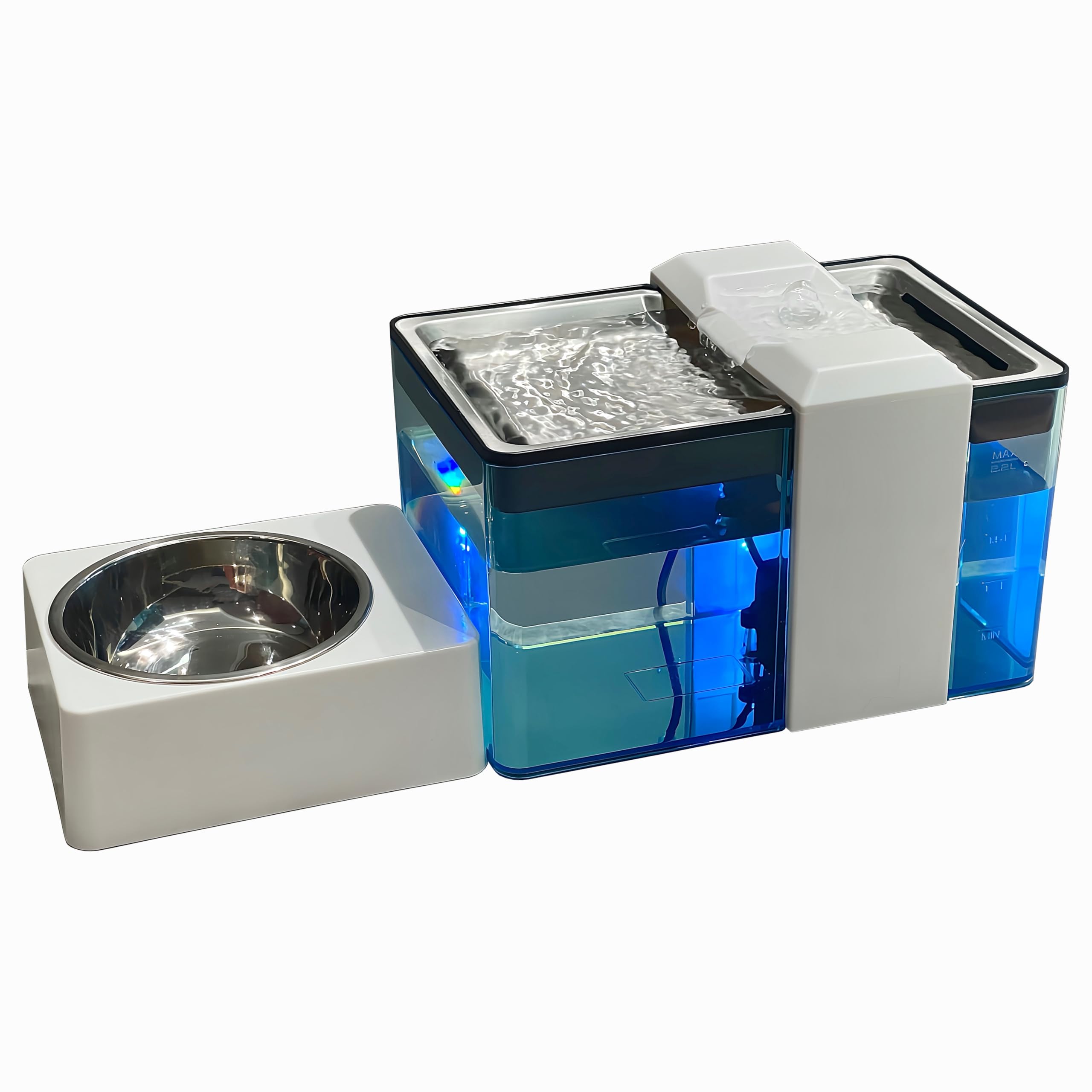 YUSMOO Automatic Cat Water Fountain with Food Bowl – 2.2L/74oz 2-in-1 Pet Water Dispenser & 304 Stainless Steel Bowl, Ultra-Quiet, LED Indicator, BPA-Free, Smart Shut-Off for Cats and Dogs