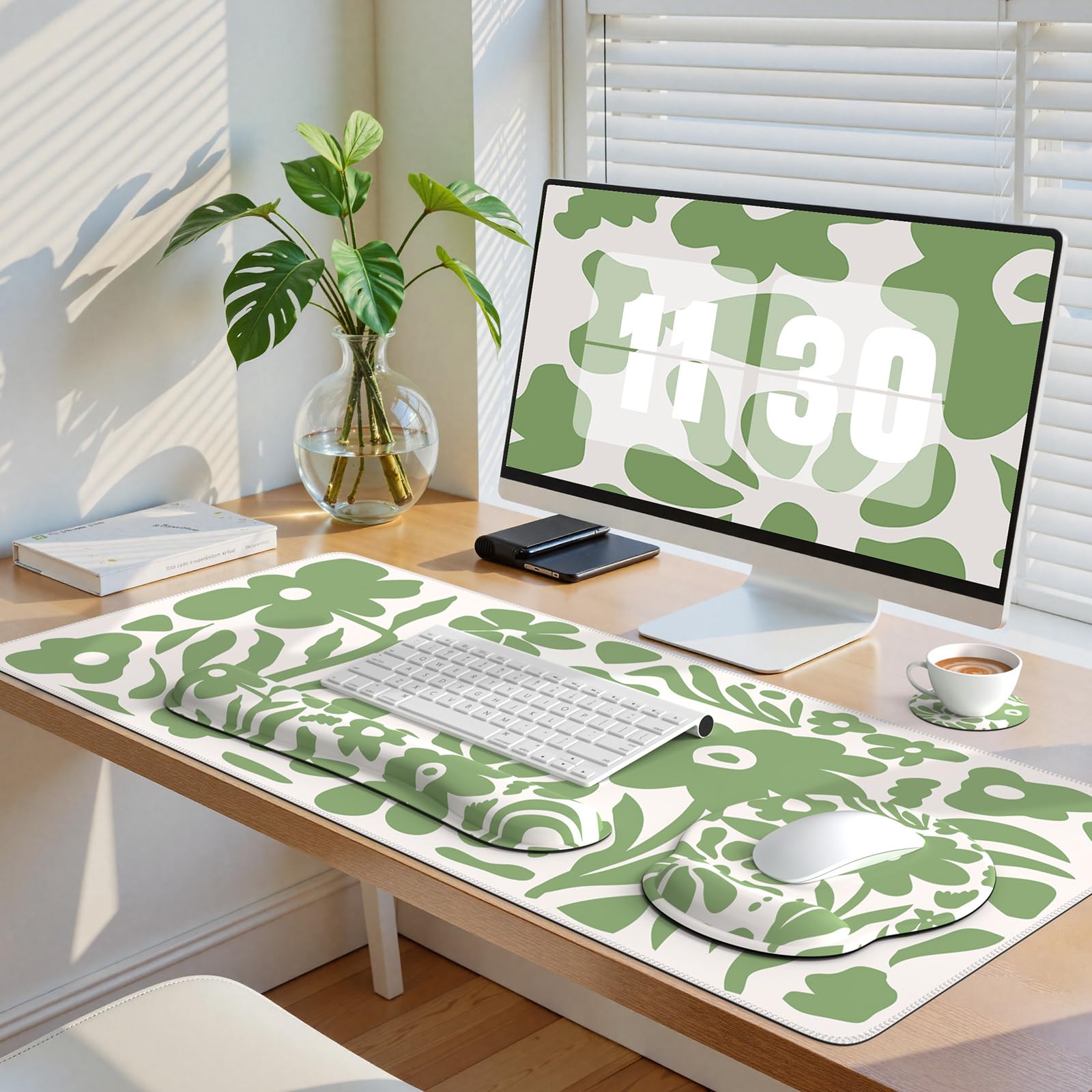 iCasso Tapis de Bureau 4 en 1 à Motif Floral avec Repose-Poignet, Tapis de Souris Ergonomique antidérapant XXL pour Ordinateur Grand Ordinateur avec Support de Poignet pour Clavier et Souris (Vert)