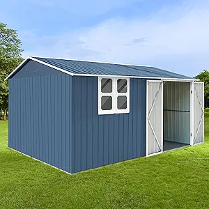 UBGO Extra Large Sheds 10ftx12ft,Outdoor Storage Sheds with Window,Tiny House,Metal Storage Shed with Design of Lockable Doors,Utility and Tool Storage for Garden,Backyard,Patio,Outside,White+Blue