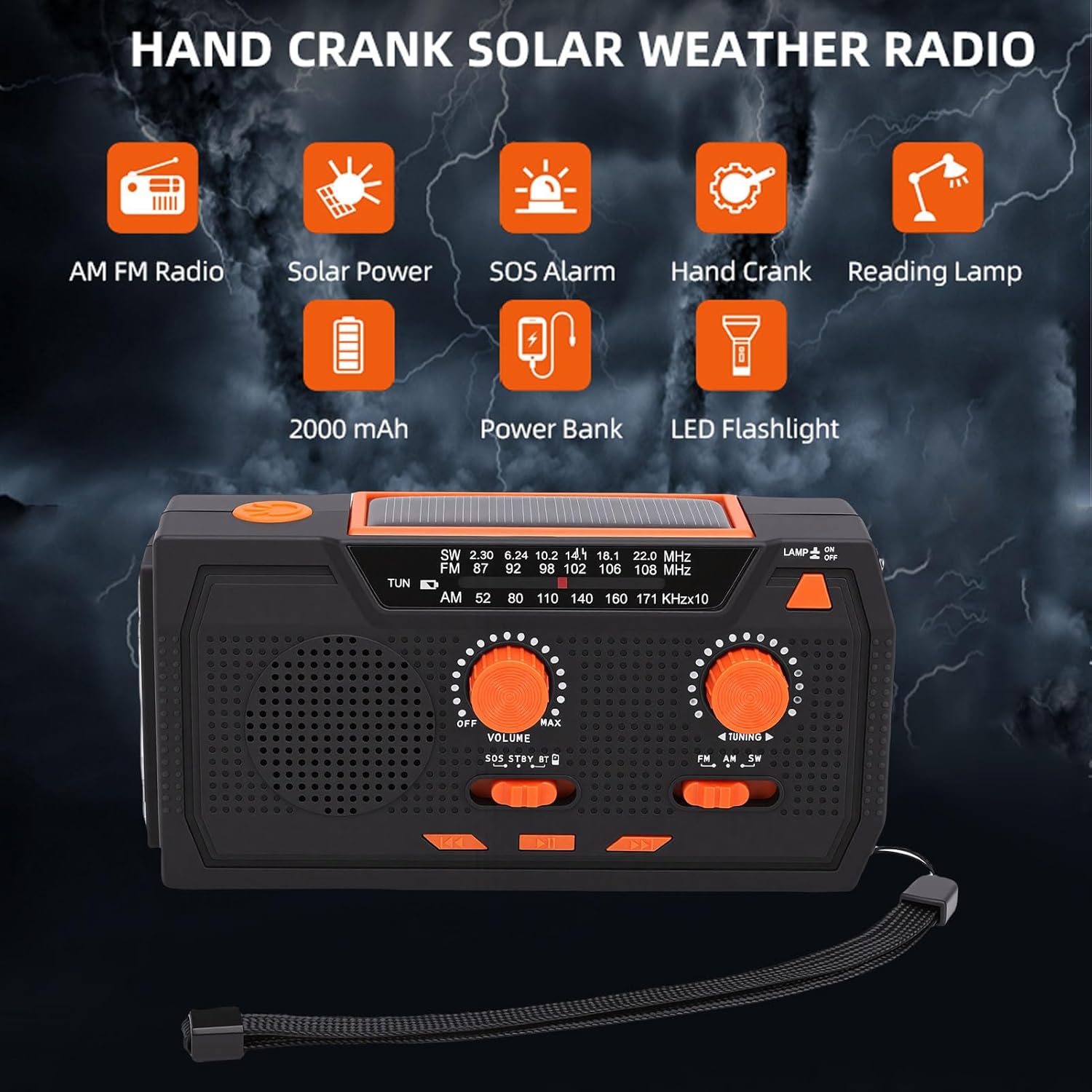 Yoidesu Emergency Radio, 2000mAh Portable Solar Hand Crank Weather Radio with LED Flashlight and SOS Alarm, AM FM SW Emergency Weather for Camping Survival (Black)