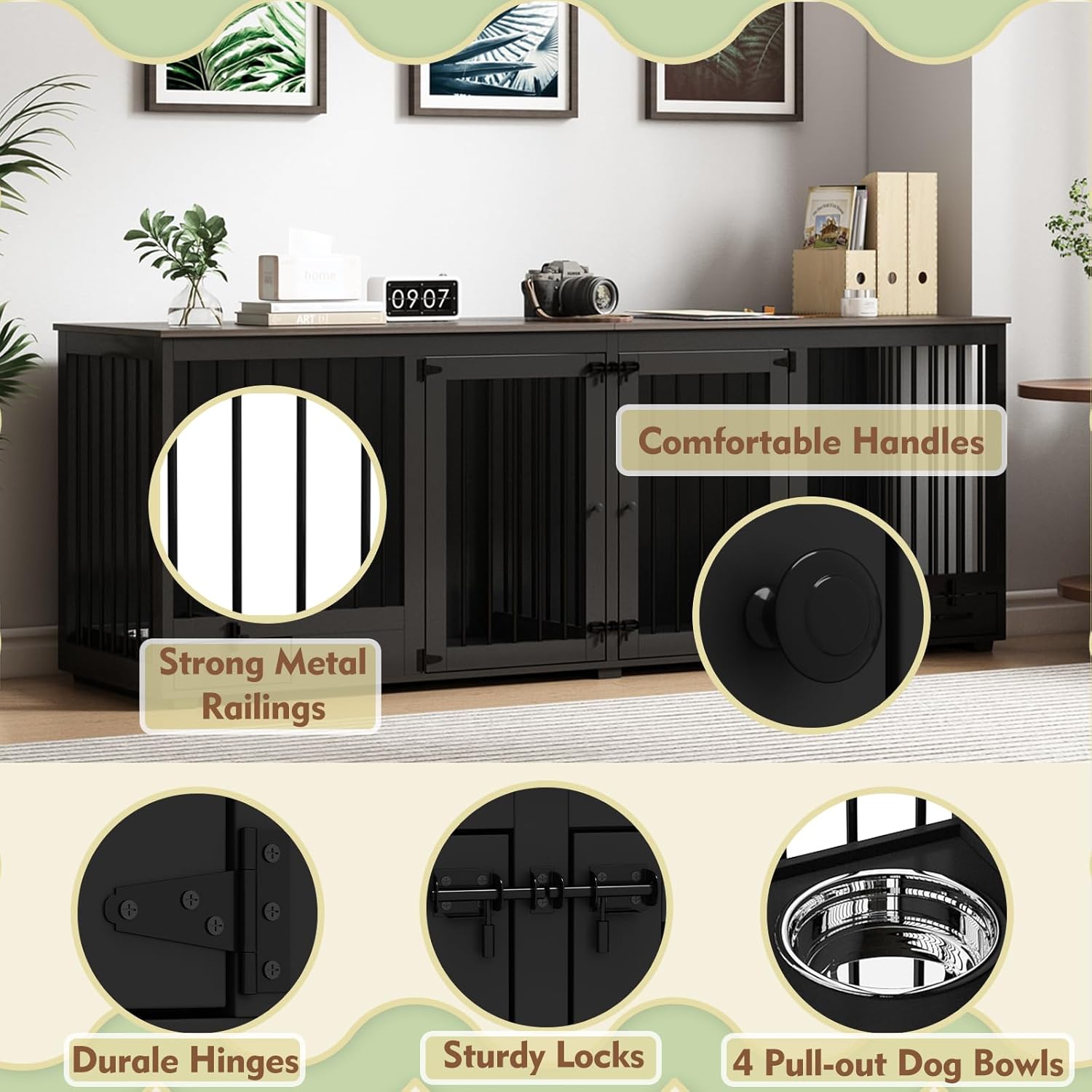 Lovinouse Large Dog Crate Furniture with 4 Bowls, 86.6" Wooden Double Dog Crate Kennel Furniture with Divider, XXL Heavy Duty Crates Cage Furniture Indoor for Large or Medium, Deep Black