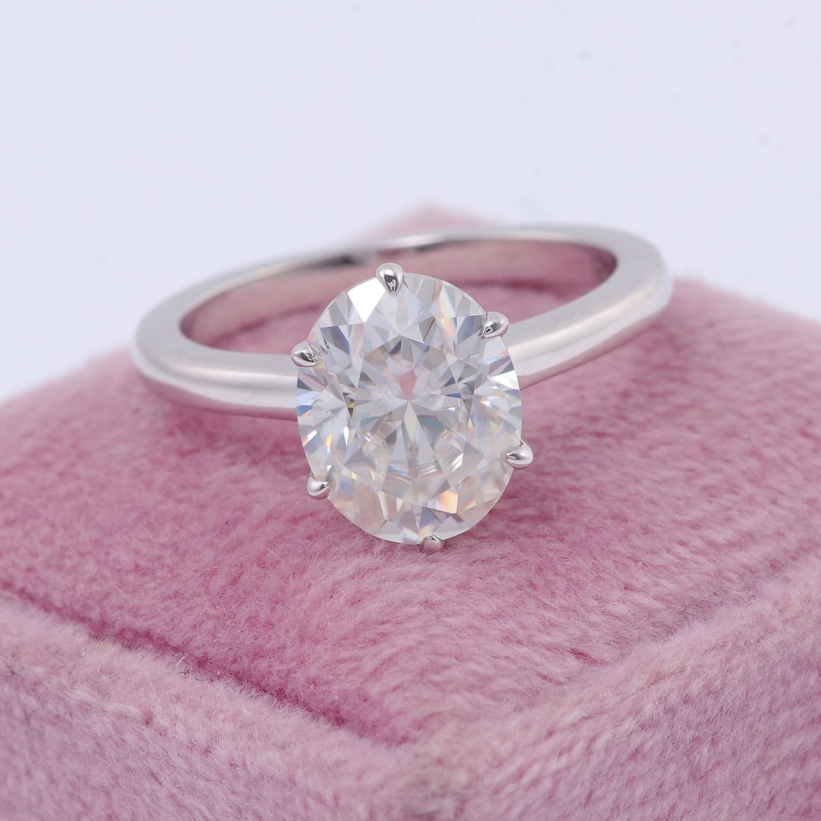 Heiratsantrag Ring, Fingerring Damen Set Einfacher Solitärring mit Ovalem Moissanit in 4 Krappen Fassung 18K Weißgold