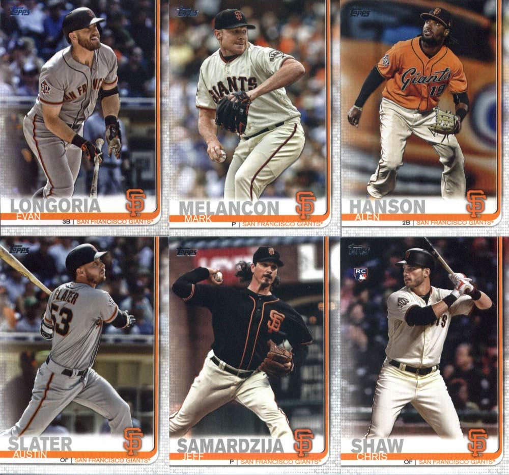 2019 Topps Master (Series 1 & 2, Update) Baseball San Francisco Giants Team Set of 29 Cards: Dereck Rodriguez(#4), Brandon Crawford(#53), Brandon Belt(#148), Hunter Strickland(#153), Johnny Cueto(#154), Buster Posey(#157), Steven Duggar(#190), Will Smith(#203), Joe Panik(#288), Ray Black(#333), Mark Melancon(#360), Evan Longoria(#390), Pablo Sandoval(#428), Alen Hanson(#478), Jeff Samardzija(#574), Austin Slater(#594), Chris Shaw(#611), plus more