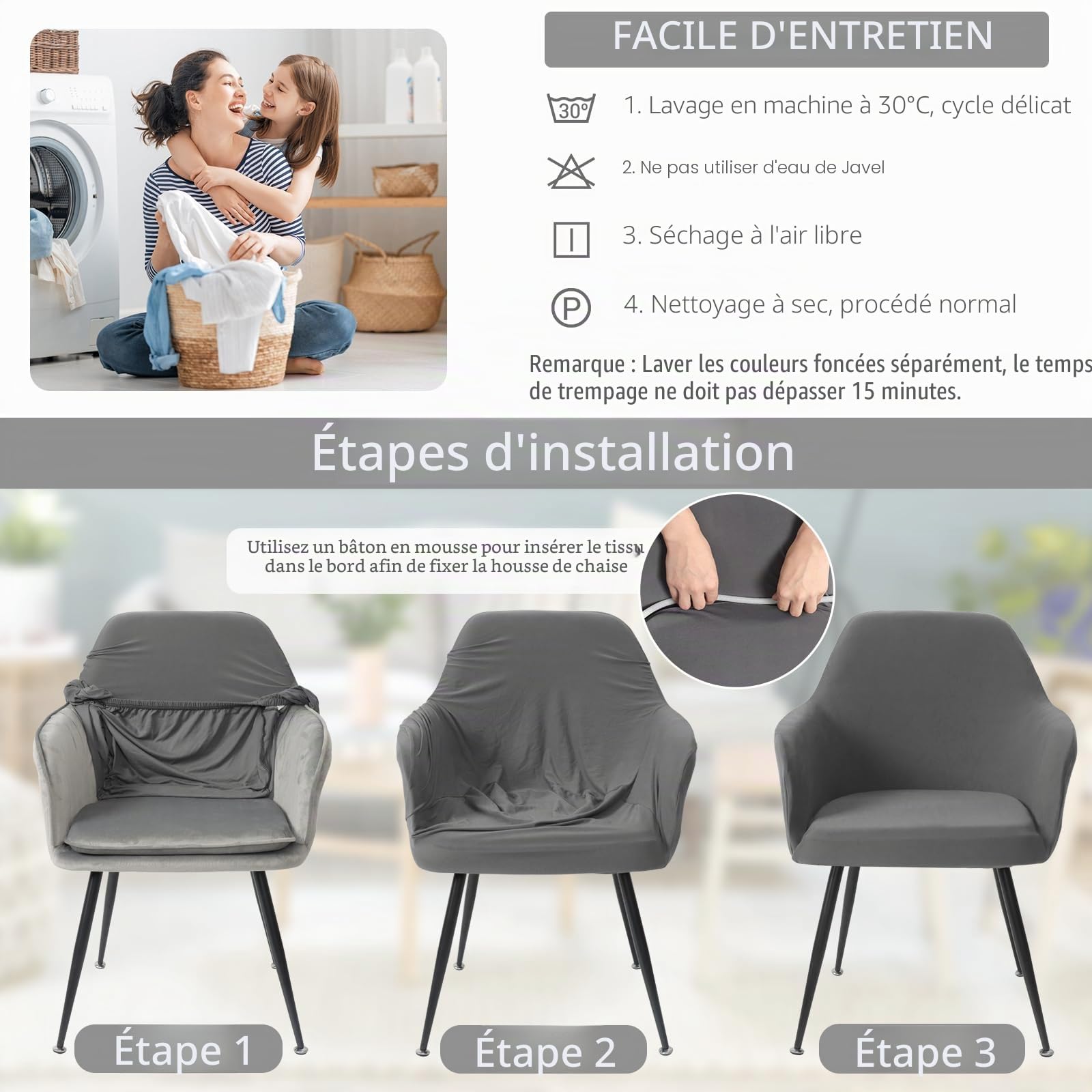 Housse de Chaise Extensible Lot de 4 Housses de Chaise de Salle à Manger avec Accoudoirs Housse Chaise Bureau Amovible Lavable Protection Chaise pour Salon Cuisine Hôtel (Gris, 4PCS)
