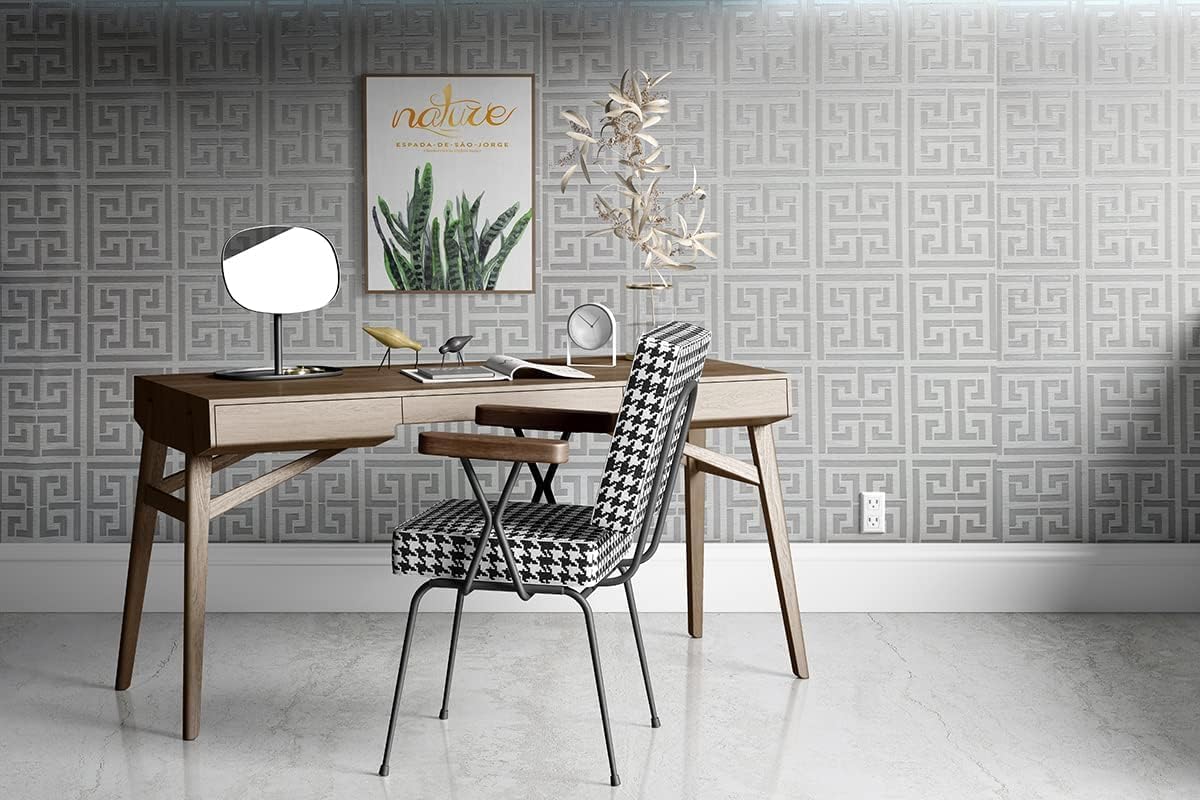 17.7"x236.0"Greek Key Peel and Stick Wallpaper Modern Classic Geometric Trellis Self Adhesive Wallpaper Silver/White Textured Vinyl Contact Paper Washable