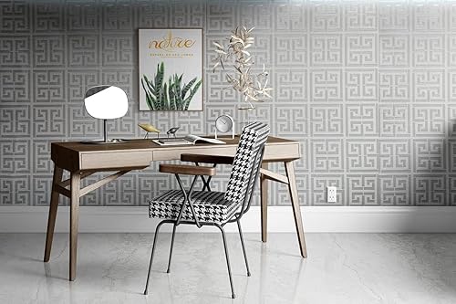 Miniatura 4 de Papel tapiz de 17.7 x 236.0 pulgadas, diseño de llave griega, papel tapiz autoadhesivo con diseño de enrejado geométrico, color plateado y blanco,
